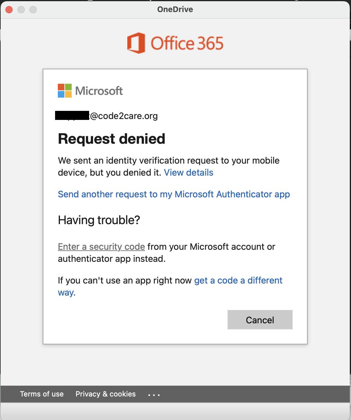 Request denied - Office 365